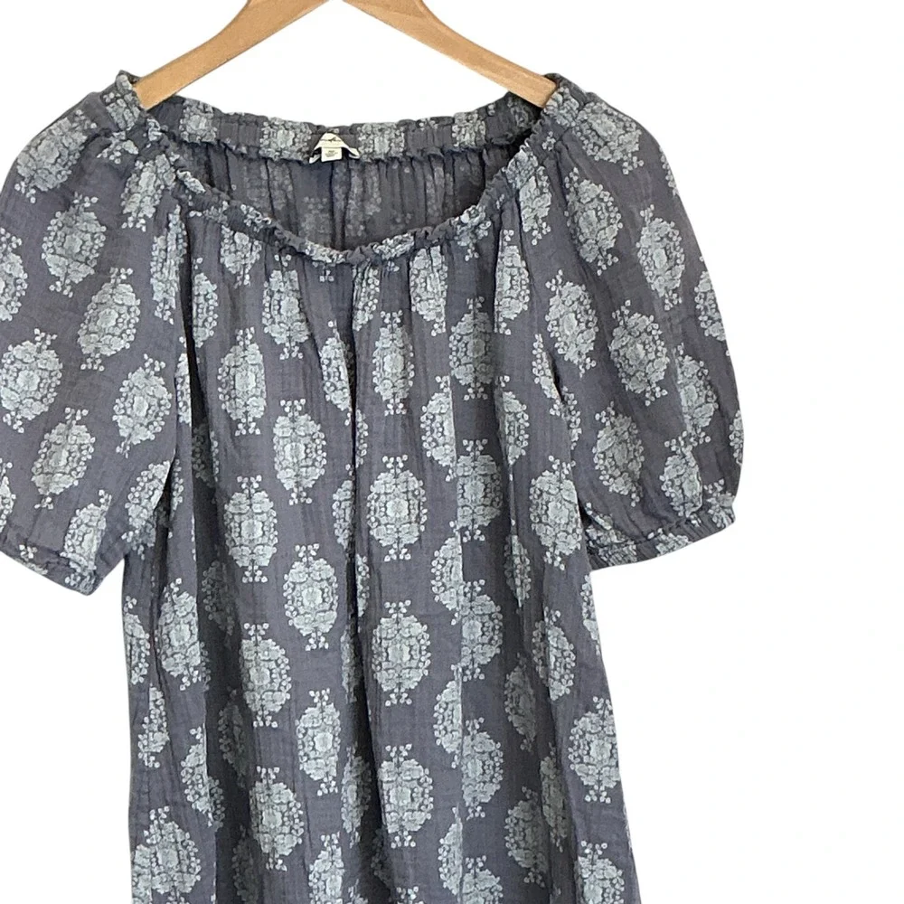 Wonderly Womens Blue‎ Medallion Cotton Gauze Peasant Mini Dress  M Puff Sleeve